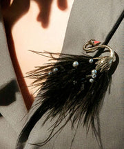 Beautiful Black Alloy Pearl Swan Feather Brooches