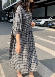 Beautiful Black Cinched Plaid Cotton Maxi Dresses Half Sleeve