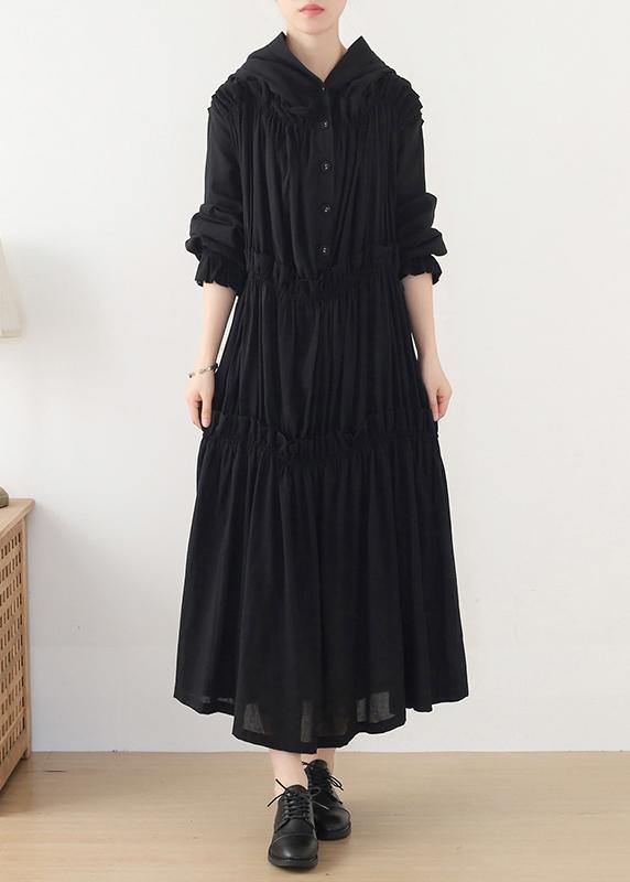 Beautiful Black Cinched hooded Spring Cotton Dress - bagstylebliss