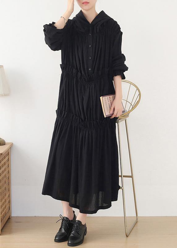 Beautiful Black Cinched hooded Spring Cotton Dress - bagstylebliss