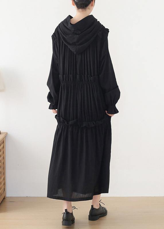 Beautiful Black Cinched hooded Spring Cotton Dress - bagstylebliss