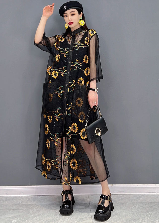 Beautiful Black Hollow Out Floral Print Tulle UPF 50+ Long Shirt Dress Summer