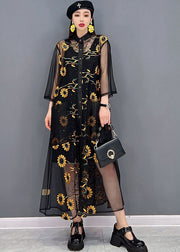 Beautiful Black Hollow Out Floral Print Tulle UPF 50+ Long Shirt Dress Summer