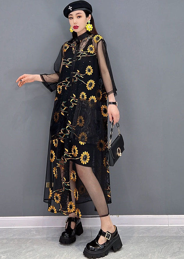 Beautiful Black Hollow Out Floral Print Tulle UPF 50+ Long Shirt Dress Summer