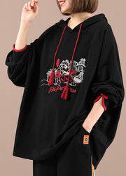 Beautiful Black Hooded Embroideried Drawstring Fall Loose Sweatshirts Top