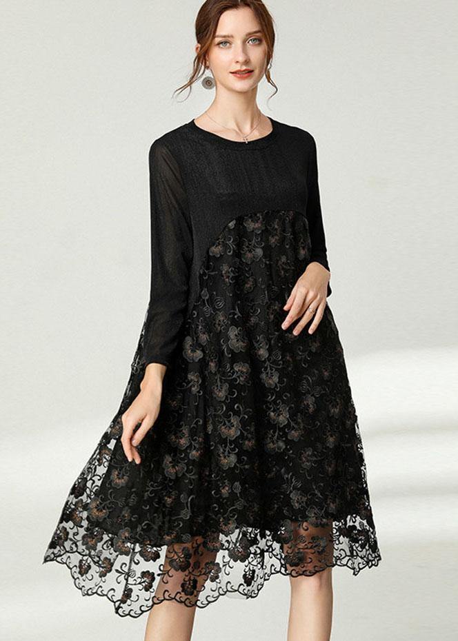 Beautiful Black Lace Patchwork Fall Dress Long Sleeve - bagstylebliss