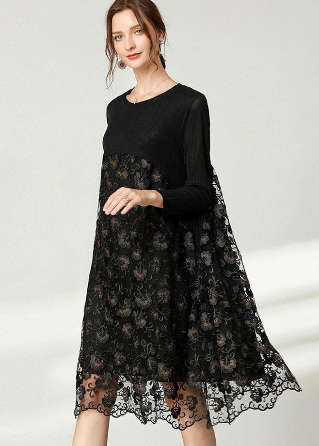 Beautiful Black Lace Patchwork Fall Dress Long Sleeve - bagstylebliss