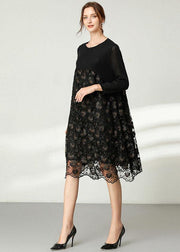 Beautiful Black Lace Patchwork Fall Dress Long Sleeve - bagstylebliss