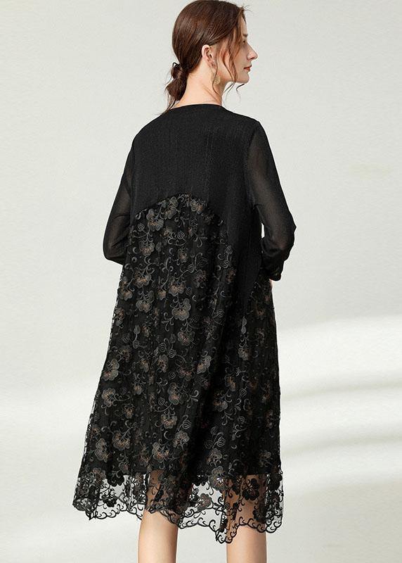 Beautiful Black Lace Patchwork Fall Dress Long Sleeve - bagstylebliss