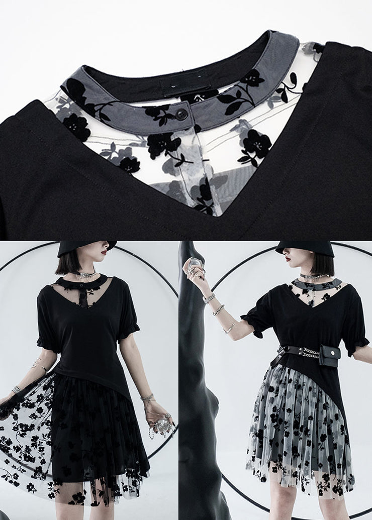 Beautiful Black O-Neck Asymmetrical Design Tulle Cotton Mid Dress Summer