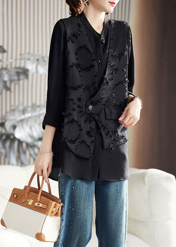 Beautiful Black O-Neck Floral Patchwork Fake Two Pieces Chiffon Top Fall