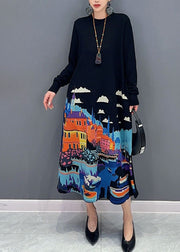 Beautiful Black O-Neck Print Knit Long Sweater Dresses Fall