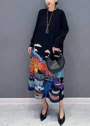 Beautiful Black O-Neck Print Knit Long Sweater Dresses Fall