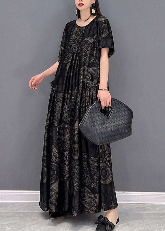 Beautiful Black O-Neck Print Pockets Long Dresses Short Sleeve