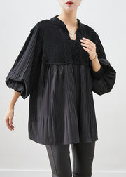 Beautiful Black Oversized Patchwork Wrinkled Tops Lantern Sleeve