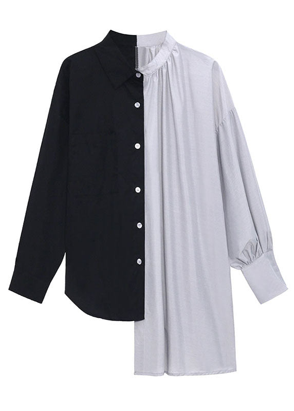 Beautiful Black Patchwork Button asymmetrical design Fall Long sleeve Shirt Top