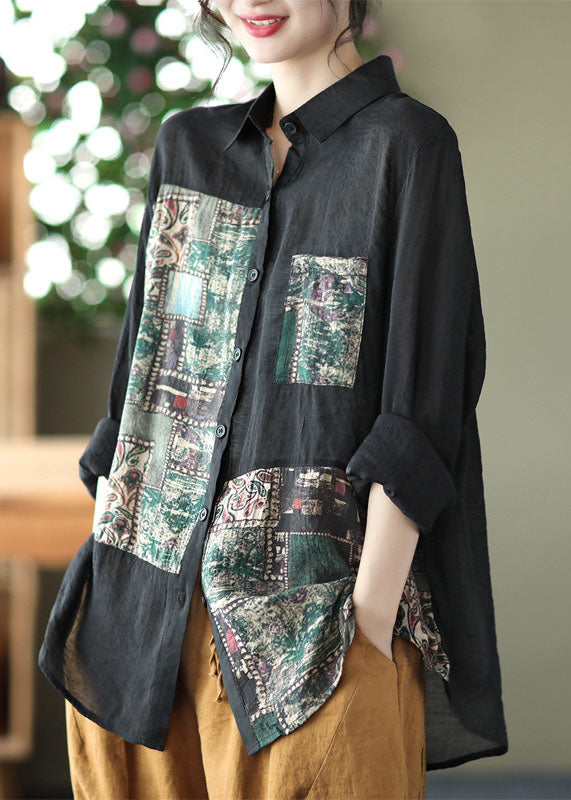 Beautiful Black Peter Pan Collar Print Linen Shirt Long Sleeve