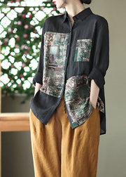 Beautiful Black Peter Pan Collar Print Linen Shirt Long Sleeve