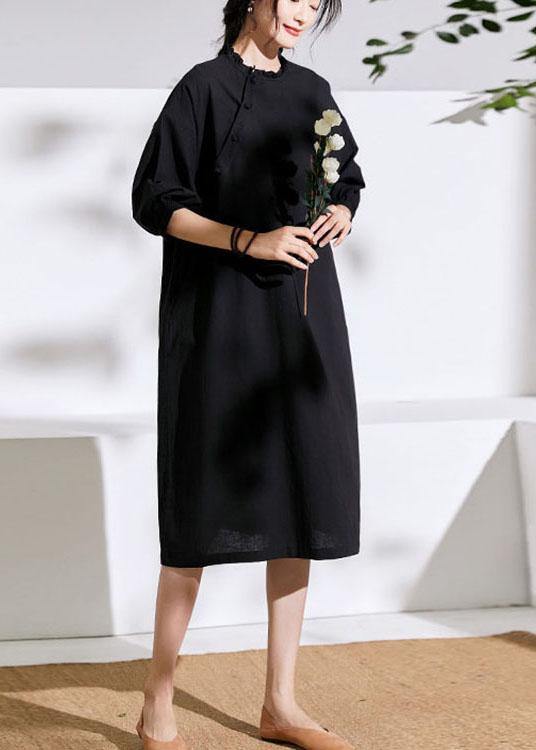 Beautiful Black Pockets Button Summer Linen Maxi Dresses Half Sleeve - bagstylebliss