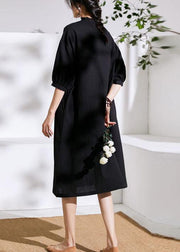 Beautiful Black Pockets Button Summer Linen Maxi Dresses Half Sleeve - bagstylebliss