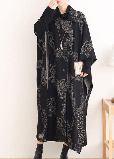 Beautiful Black Print Peter Pan Collar Button Long Trench coats - bagstylebliss