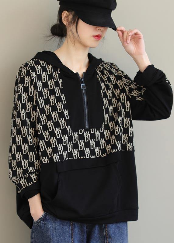 Beautiful Black Print Tunics For Women Hooded Pockets Spring Tops - bagstylebliss