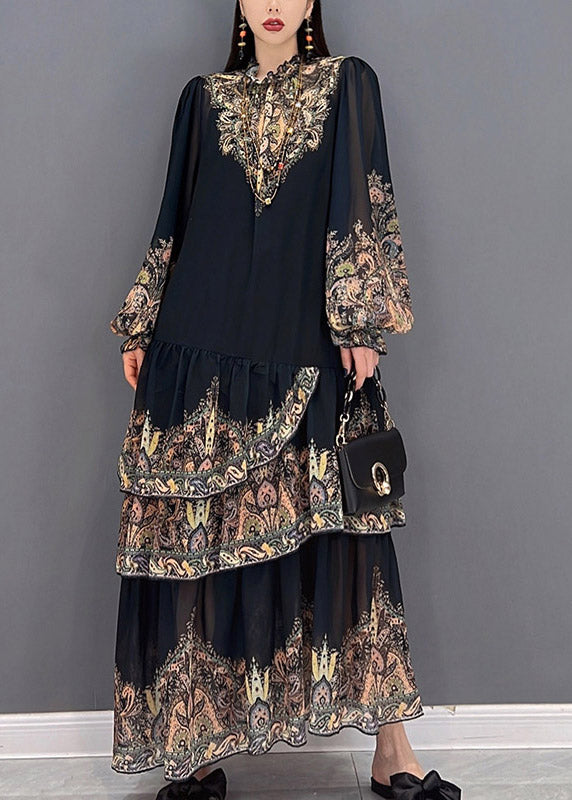 Beautiful Black Stand Collar Ruffled layered Print Chiffon Long Dress lantern sleeve