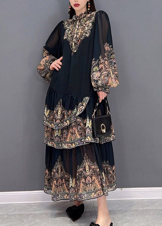 Beautiful Black Stand Collar Ruffled layered Print Chiffon Long Dress lantern sleeve