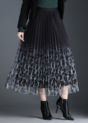 Beautiful Black Tulle Print Pleated Fall Skirt