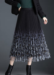 Beautiful Black Tulle Print Pleated Fall Skirt