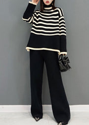 Beautiful Black Turtle Neck Striped Knit Two Piece Suit Set Spring