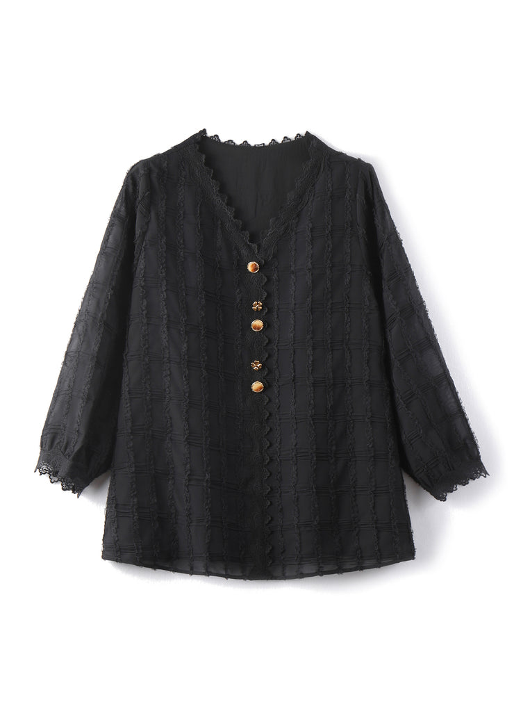 Beautiful Black V Neck Lace Patchwork Chiffon Shirt Top Fall