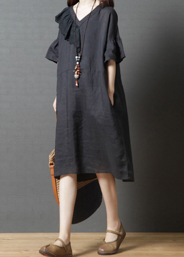 Beautiful Black V Neck asymmetrical design Dress Flare Sleeve