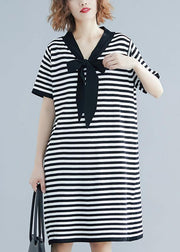 Beautiful Black White Narrow Striped Short Sleeve Summer Cotton Dress - bagstylebliss