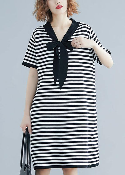 Beautiful Black White Narrow Striped Short Sleeve Summer Cotton Dress - bagstylebliss