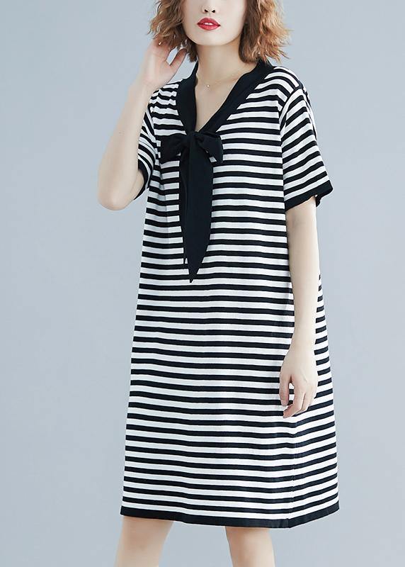 Beautiful Black White Narrow Striped Short Sleeve Summer Cotton Dress - bagstylebliss