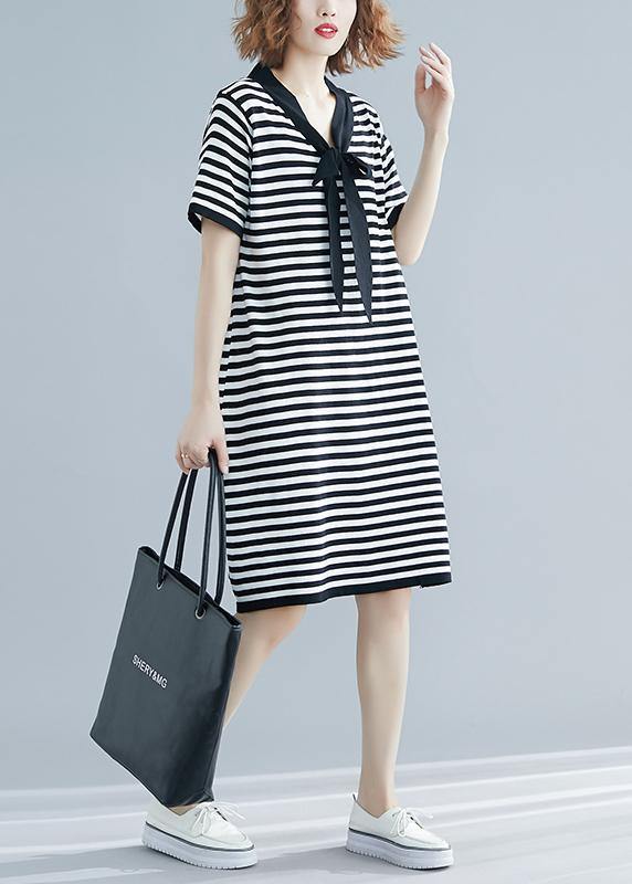 Beautiful Black White Narrow Striped Short Sleeve Summer Cotton Dress - bagstylebliss