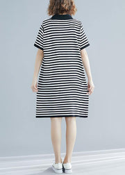 Beautiful Black White Narrow Striped Short Sleeve Summer Cotton Dress - bagstylebliss