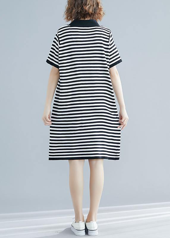 Beautiful Black White Narrow Striped Short Sleeve Summer Cotton Dress - bagstylebliss