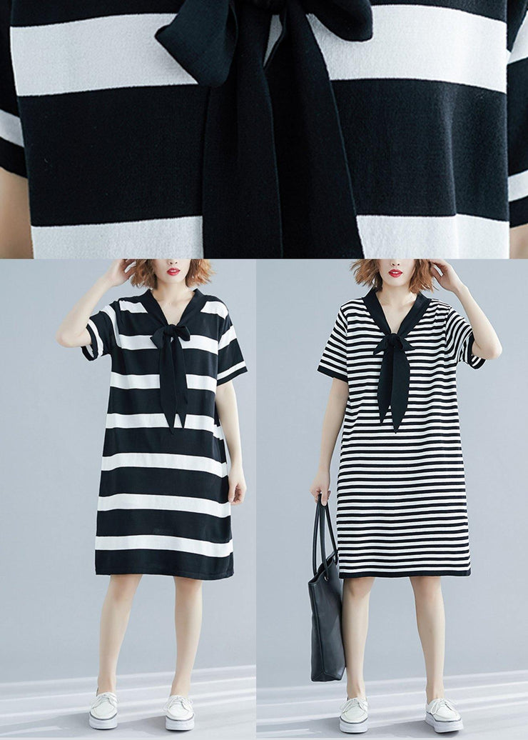 Beautiful Black White Narrow Striped Short Sleeve Summer Cotton Dress - bagstylebliss