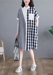 Beautiful Black White Plaid Peter Pan Collar Asymmetrical Design Patchwork Cotton Shirt Dress Short Sleeve