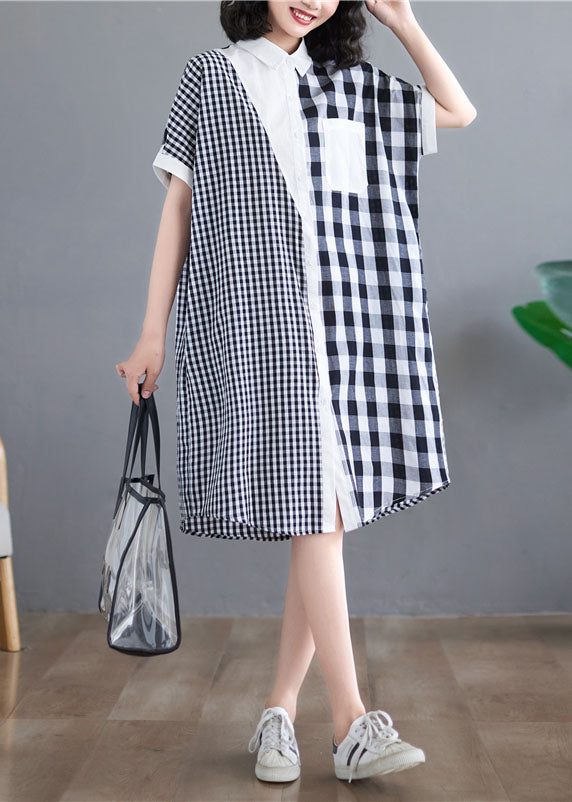 Beautiful Black White Plaid Peter Pan Collar Asymmetrical Design Patchwork Cotton Shirt Dress Short Sleeve