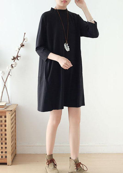 Beautiful Black zippered Cotton Long sleeve Pockets Fall Dress - bagstylebliss