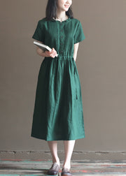 Beautiful Blackish Green Ruffled Wrinkled Drawstring Cotton Dress Short Sleeve