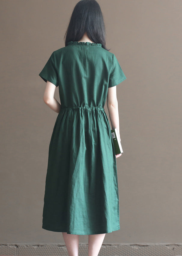 Beautiful Blackish Green Ruffled Wrinkled Drawstring Cotton Dress Short Sleeve