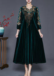 Beautiful Blackish Green V Neck Zircon Silk Velour Maxi Dresses Fall