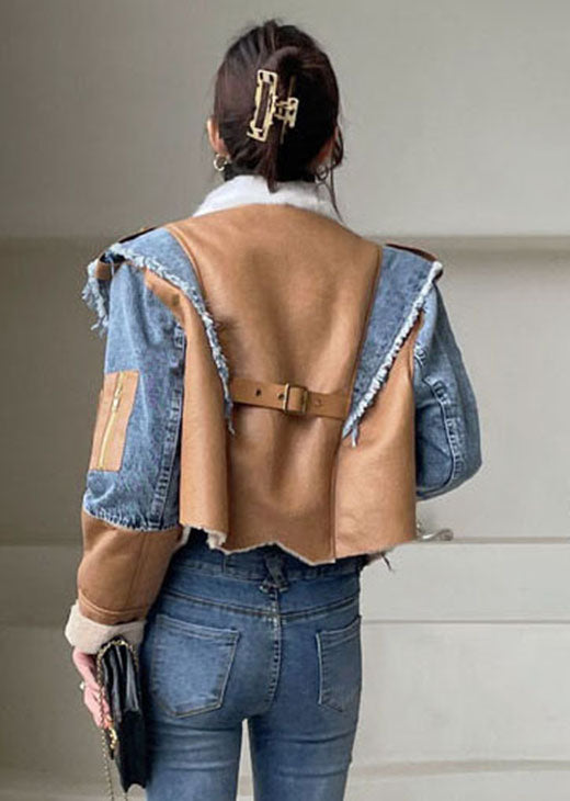 Beautiful Blue Asymmetrical denim Patchwork Jackets Winter