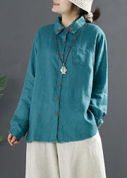Beautiful Blue Blouses For Women Lapel Embroidery Baggy Blouse - bagstylebliss