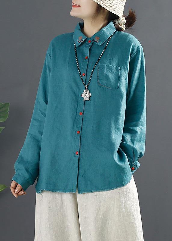 Beautiful Blue Blouses For Women Lapel Embroidery Baggy Blouse - bagstylebliss
