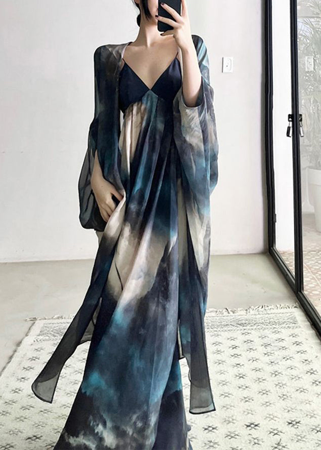 Beautiful Blue Cardigans And Spaghetti Strap Dresses Chiffon Two Piece Suit Fall